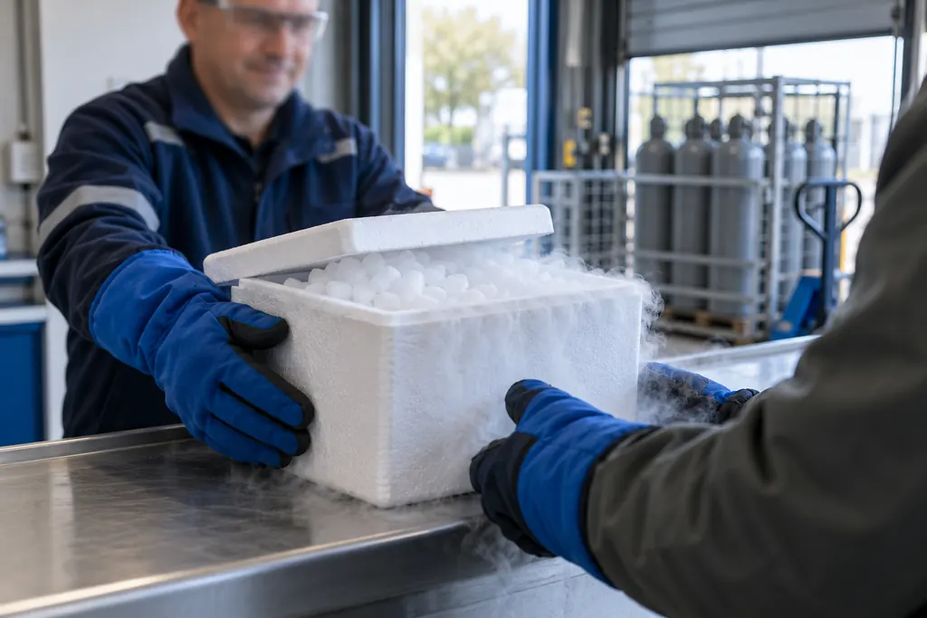 Mitarbeiter mit Kälteschutzhandschuhen reicht eine Styroporbox mit Trockeneis-Pellets über eine Theke, im Hintergrund Gasflaschen