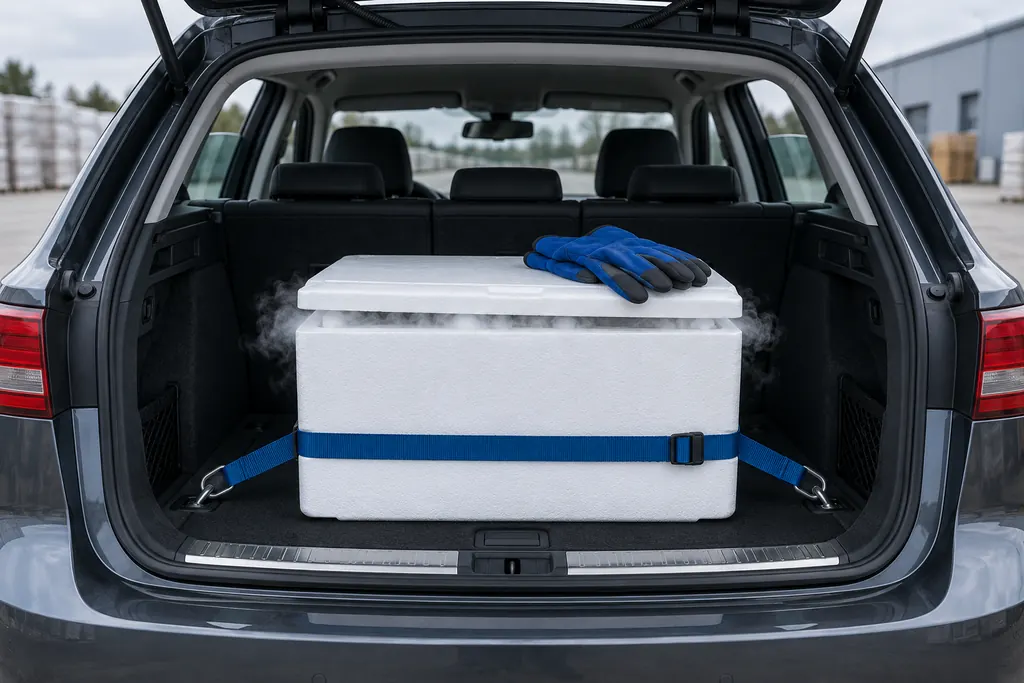Styroporbox mit Trockeneis im Kofferraum eines Kombis, mit einem Spanngurt gesichert, Kälteschutzhandschuhe auf dem Deckel