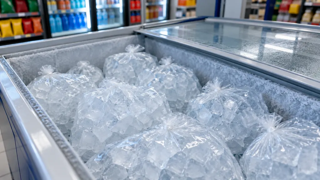 Beutel mit Eiswürfeln in der Tiefkühltruhe eines Supermarkts