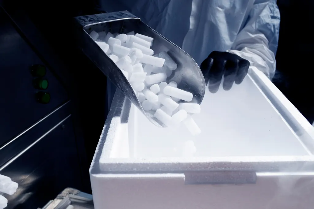 Trockeneis-Pellets werden mit einer Schaufel in eine Styroporbox gefüllt